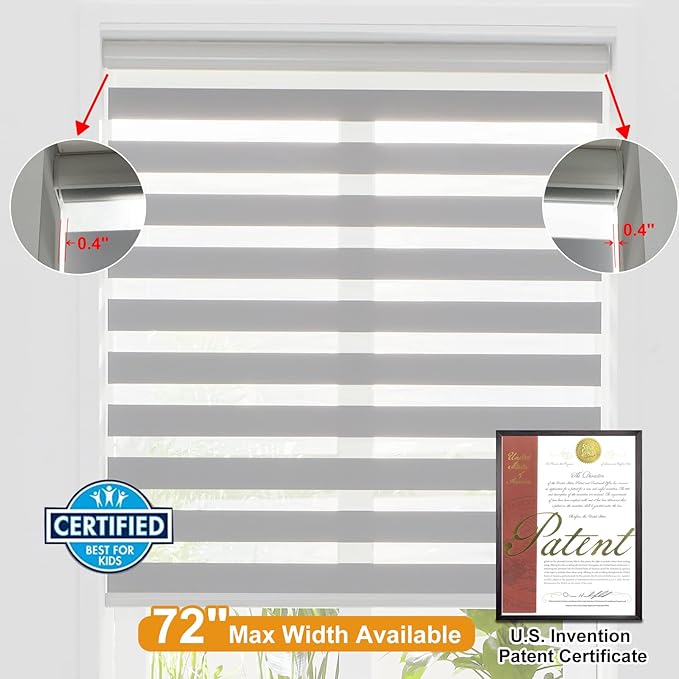 Persilux Cordless Zebra Blinds for Windows Free-Stop Roller Windows Shades (24" W X 72" H, Grey) Dual Layer Light Control for Day and Night, Light Filtering Sheer Shades for Home, Bedroom