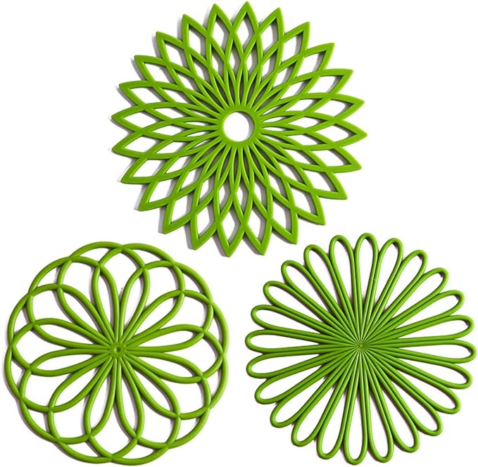Set of 3 Silicone Trivet Mat - Hot Pot Holder Hot Pads for Table & Countertop - Trivet for Hot Dishes - Non-Slip & Heat Resistant Modern Kitchen Hot Pads for Pots & Pans, Dark Green