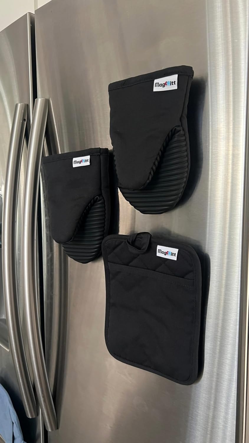 Oven Mitts, 3 Piece Magnetic Set with Silicone Grip, Heat Resistant to 500F