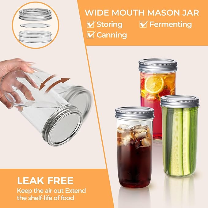 Wide Mouth Canning Jars 24 oz 6 Pack with Lids and Labels