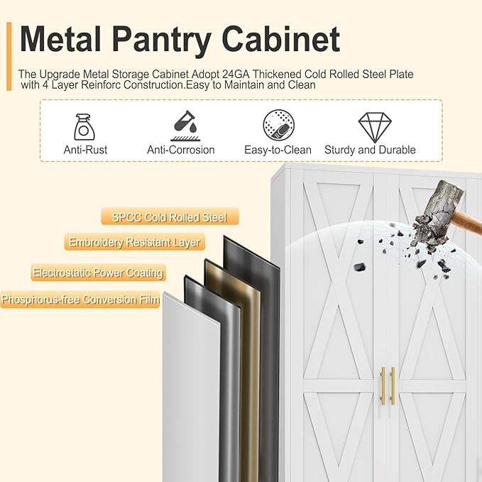 75" Tall Metal Kitchen Pantry Storage Cabinet, Freestanding Cupboard - Image 5