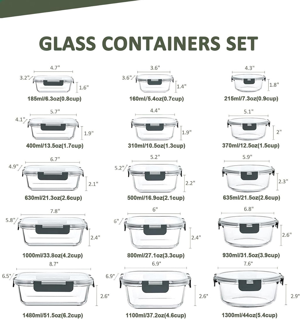 Container Set, 15 Pieces Borosilicate Glass with Snap-Lock Lids, Gray