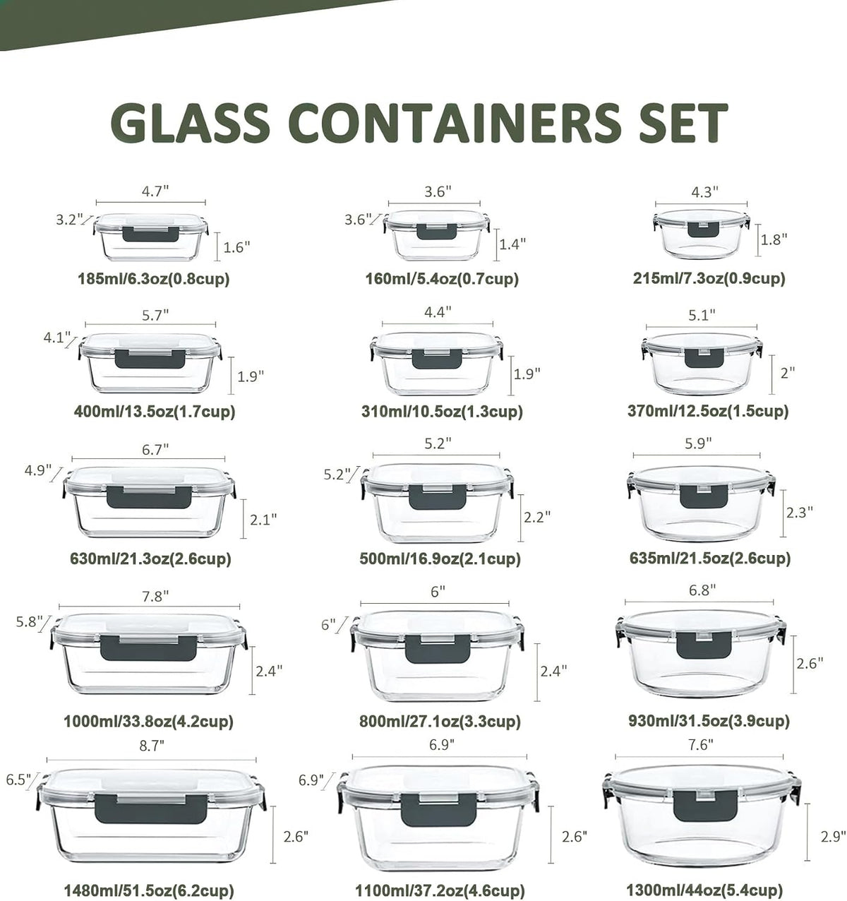 Container Set, 15 Pieces Borosilicate Glass with Snap-Lock Lids, Gray