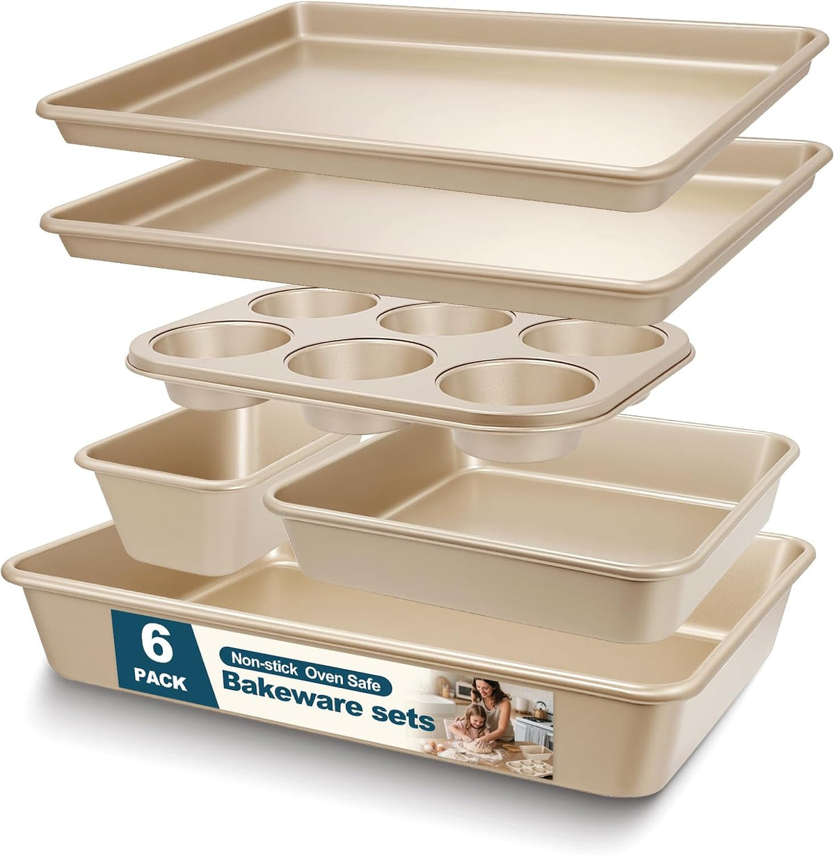 Baking Pans Set, Nonstick Stackable Bakeware Sets, Oven Pans for Cooking, 6