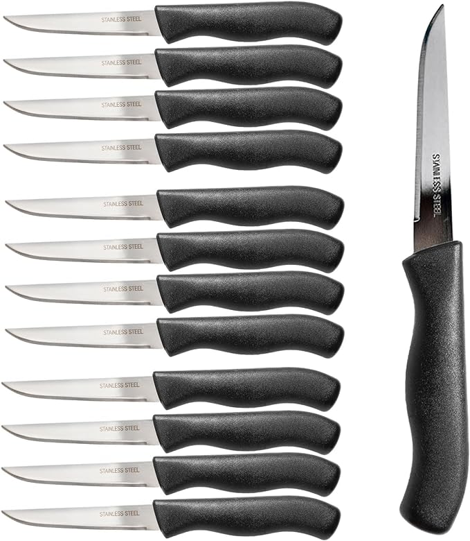 Paring and Garnishing Knife, 12-Piece Set, Knives with Straight Edge 3 Inch Blade, Stainless Steel, Spear Point, Fruit and Vegetable Cutting and Peeling, Black