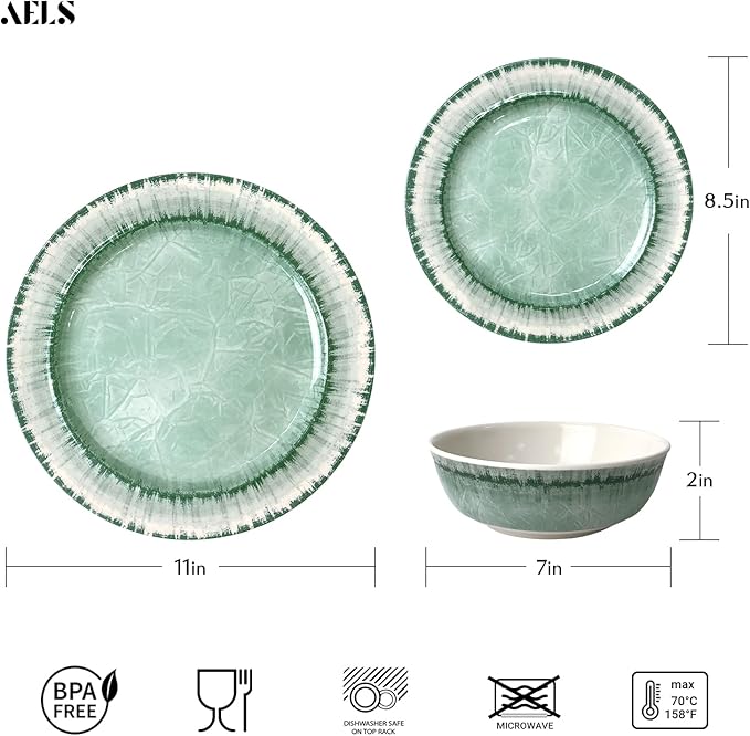 Melamine Dinnerware Set for 4, 12 Pieces, Sage Green Plates and Bowls