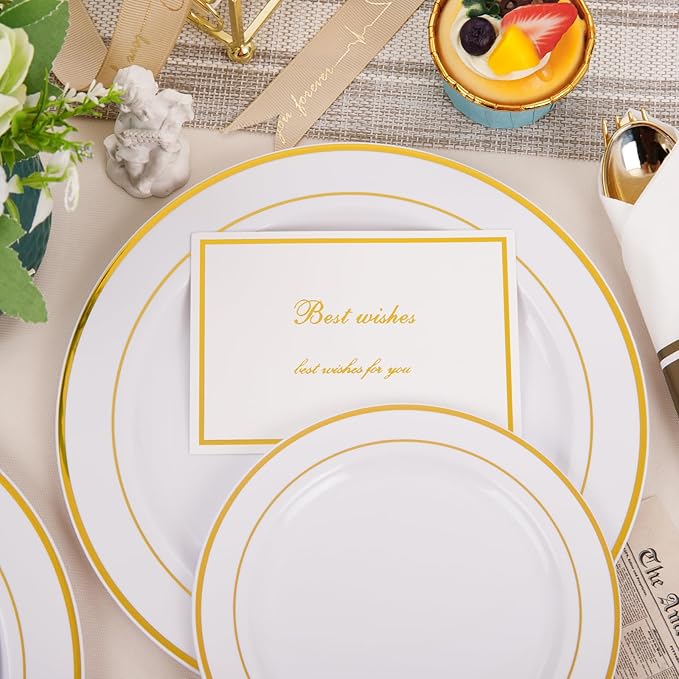 Plates Set in White and Gold Plastic, 350 Pieces for 50 Guests