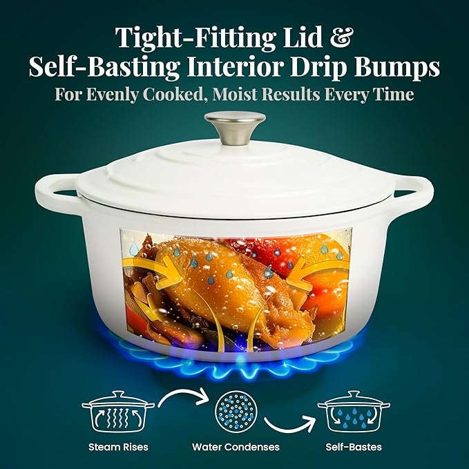 Larder & Vine Enameled Cast Iron 5.7qt Dutch Oven Pot with Lid | Bread Baking | Compatible on All Cooktops & Oven Safe to 500° F | Great for Sourdough Bread | White