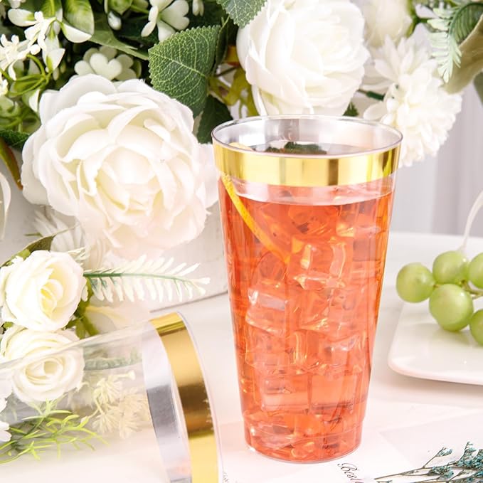 Cups, 16 oz Heavy Duty Clear Plastic with Gold Rim, 50 Count