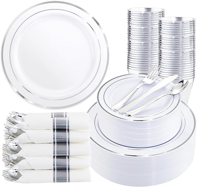 Party Plates Set for 50 Guests in White and Silver Hard Plastic