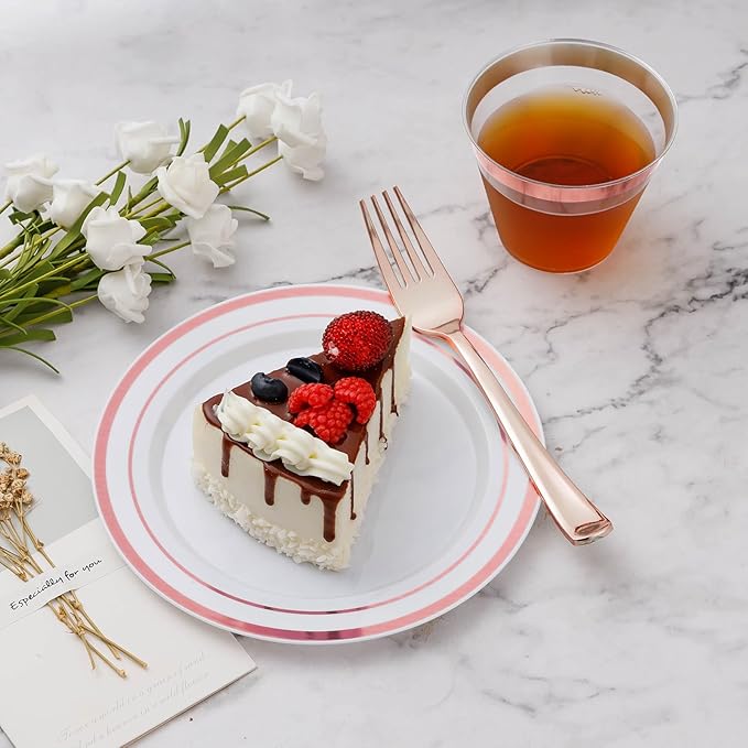 Plastic Party Plates Set, 600 Pieces for 100 Guests in Rose Gold