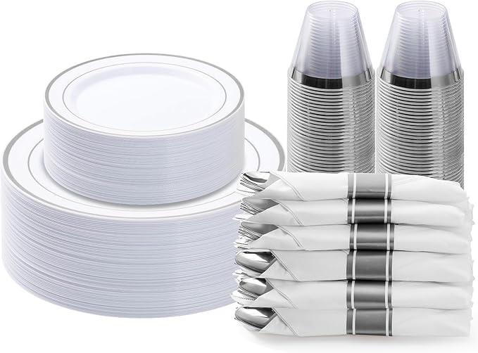 Plastic Party Dinnerware Set, 175 Pieces, White with Gold Rims