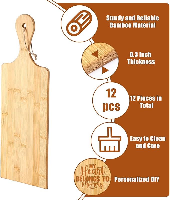 Cutting Boards Set of 12 Bamboo Boards with Handles, 17 x 6 Inch