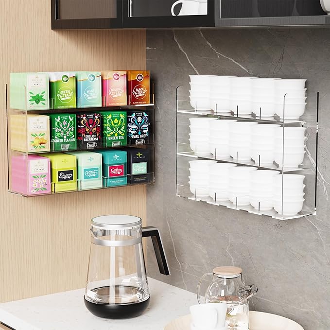 Tea Bag Storage Rack, Wall Mount Acrylic Holder with 15 Slots