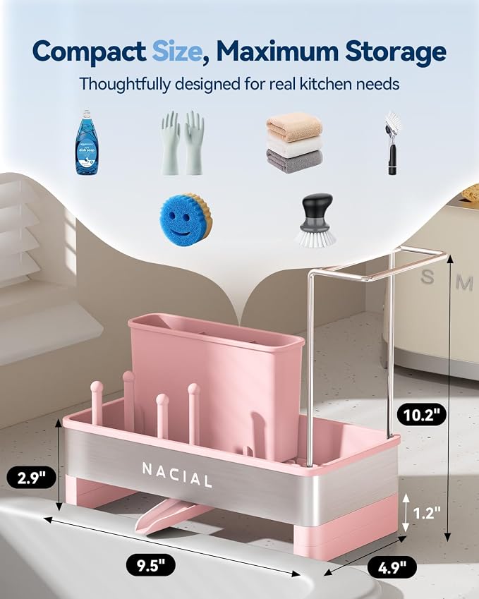 Kitchen Sink Caddy Organizer, 304 Stainless Steel with Brush Holder