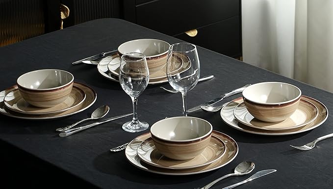 Brown Melamine Dinnerware Set for 4, 12 Pieces, Dishwasher Safe