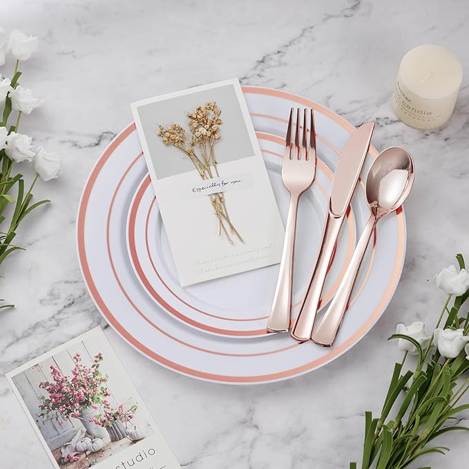 Plastic Party Plates Set, 600 Pieces for 100 Guests in Rose Gold