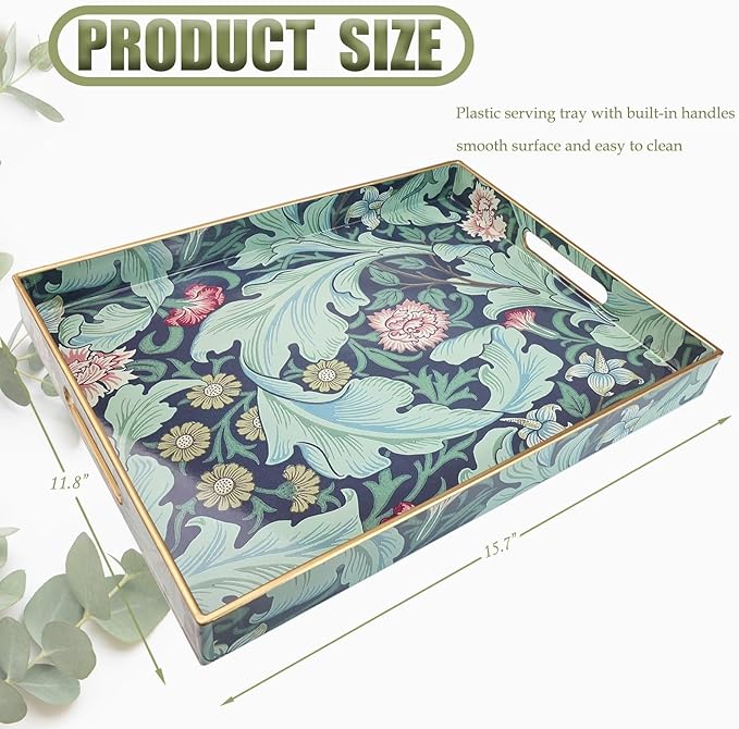Serving Trays, Rectangular Plastic Tray with Handles, 15.7 x 11.8 Inch