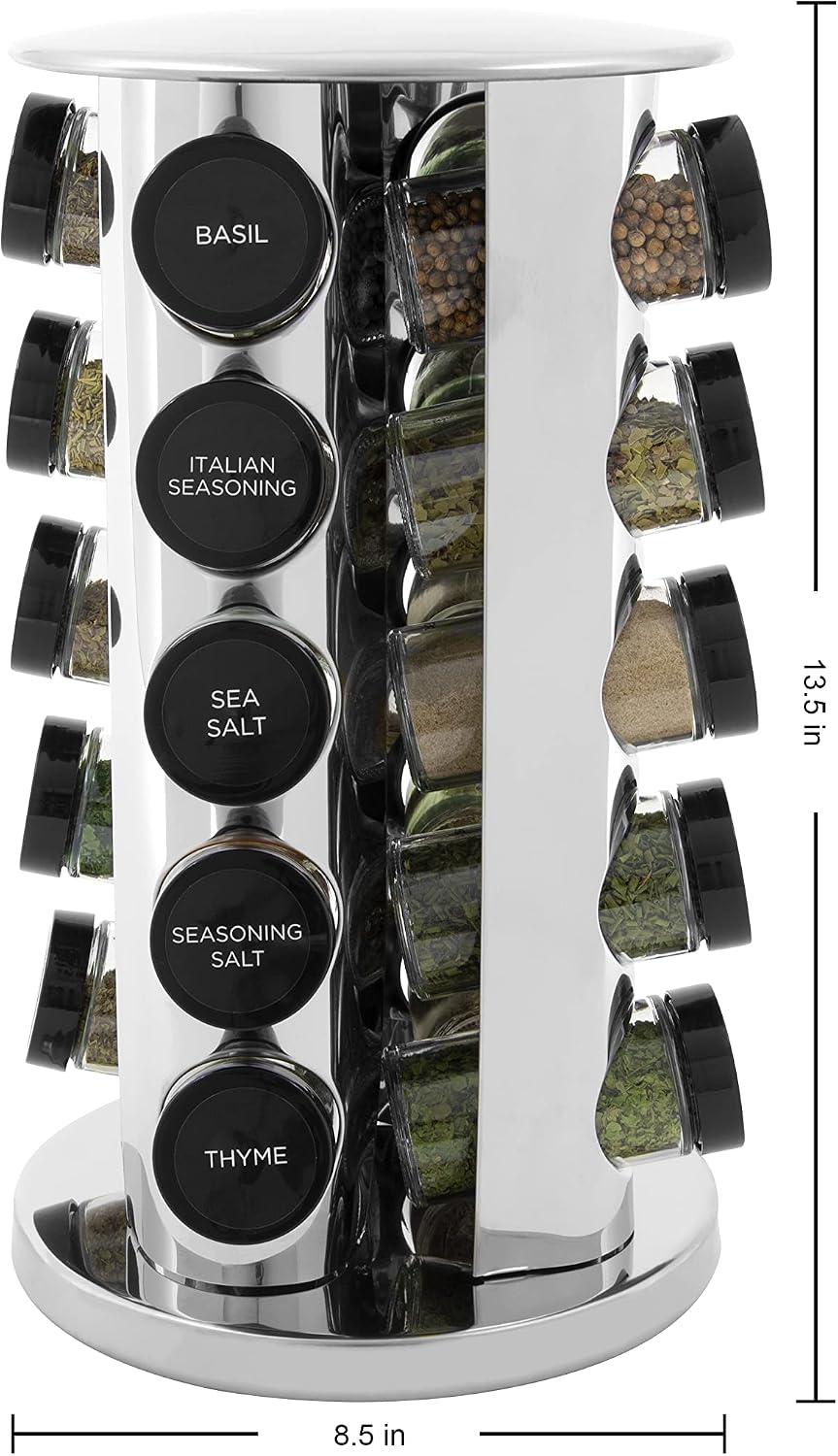 Spice Rack with 20 Glass Jars, Revolving Stainless Steel Organizer