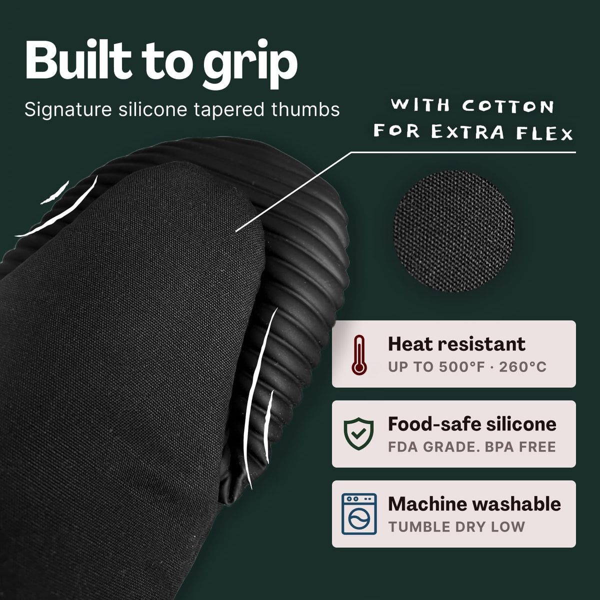 Magnetic Oven Mitts & Pot Holder 3 Pc Set, High Heat Silicone Black – alternate view