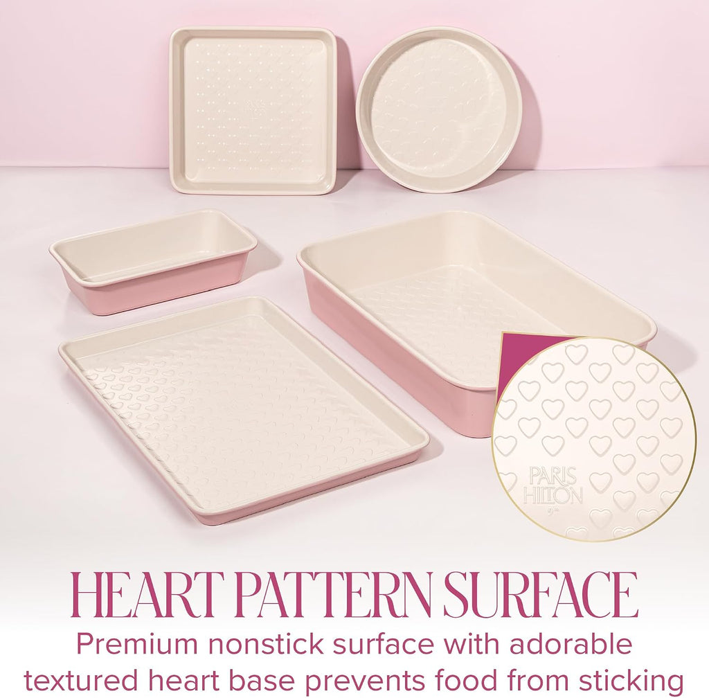 Nonstick Carbon Steel Bakeware Set, 5-Piece Heart Pattern, Blush Pink