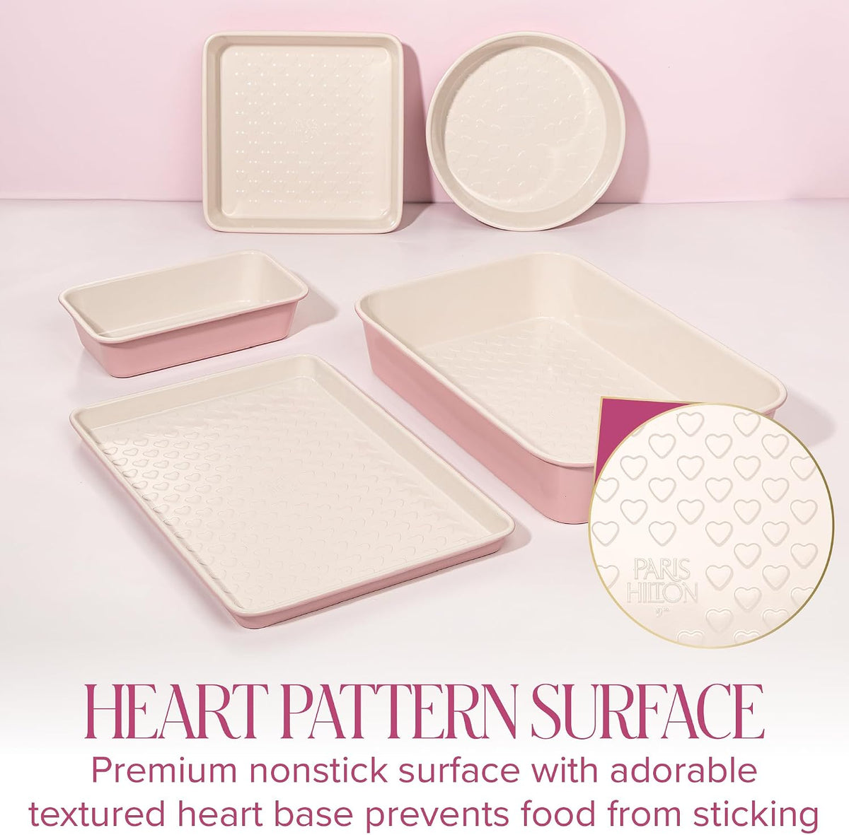 Nonstick Carbon Steel Bakeware Set, 5-Piece Heart Pattern, Blush Pink