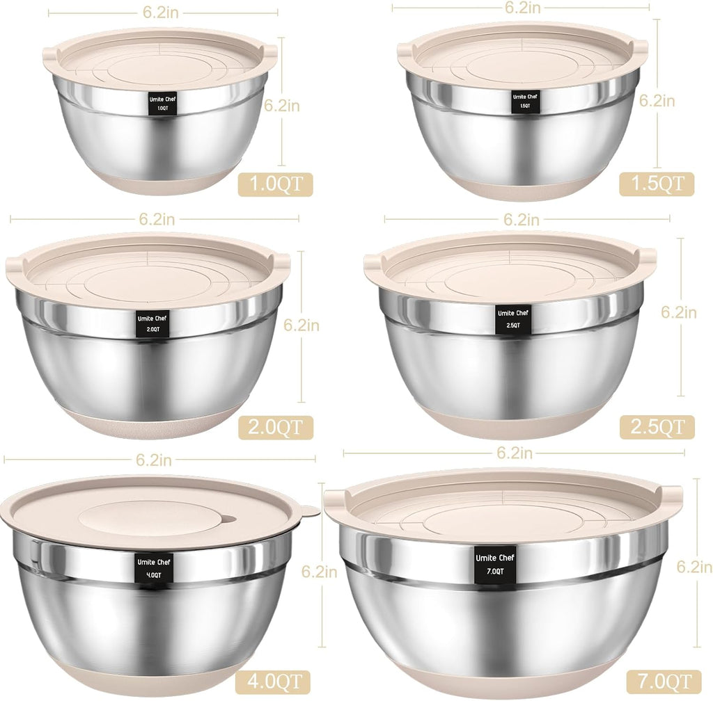 Salad Bowls, Khaki Stainless Steel Nesting Set with Airtight Lids