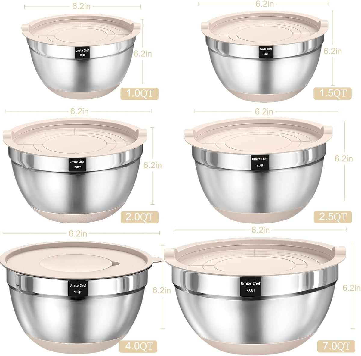 Salad Bowls, Khaki Stainless Steel Nesting Set with Airtight Lids