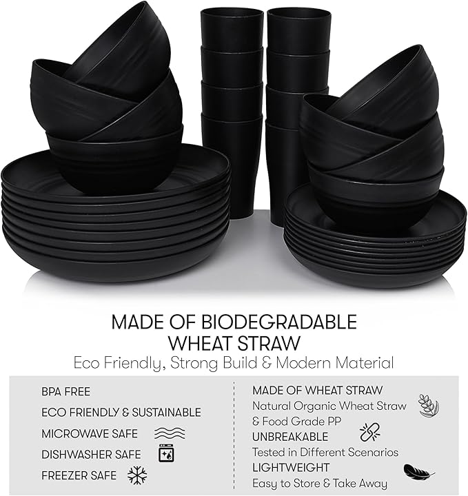 Dinnerware Set for 8, Black Wheat Straw, Round, Microwave Safe