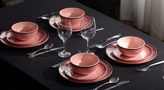 Melamine Dinnerware Set, 12 Piece Pink Round Plates and Bowls for 4