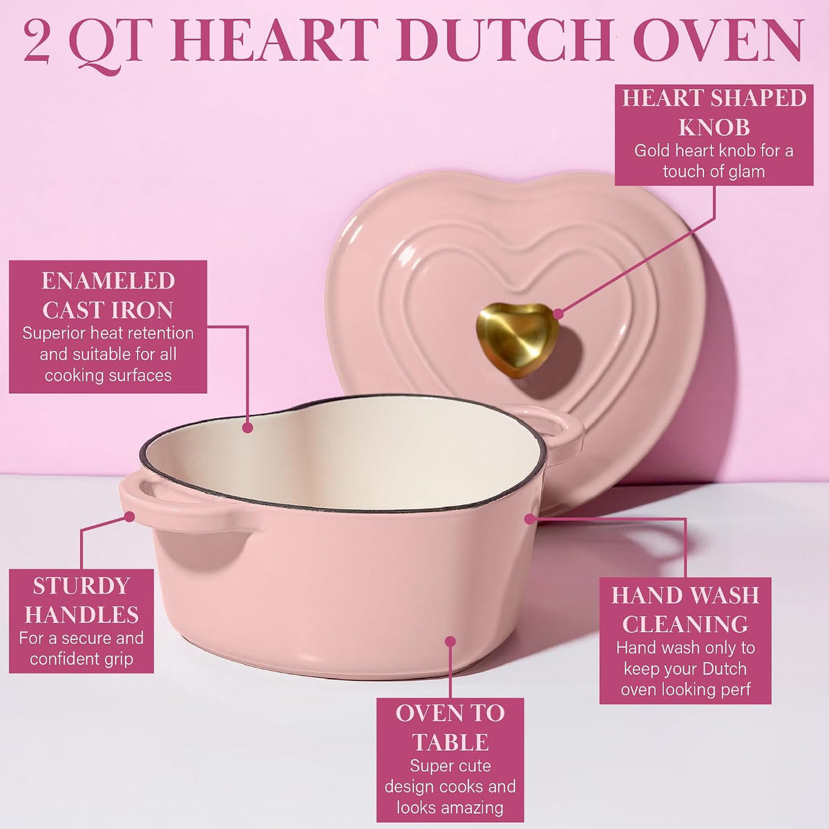 Enameled Cast Iron Dutch Oven Pot with Lid, Heart-Shaped Dutch Oven, Durable – size reference