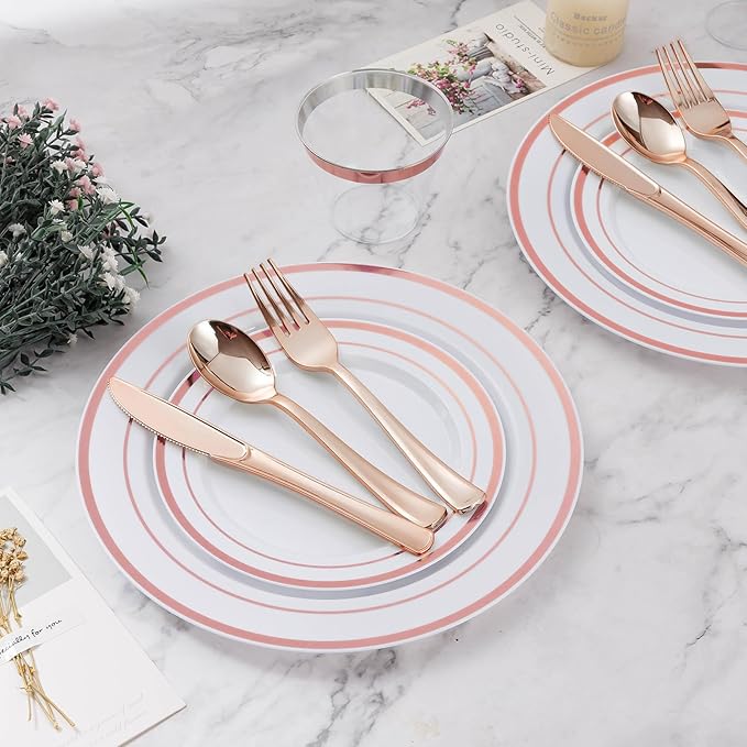 Plastic Party Plates Set, 600 Pieces for 100 Guests in Rose Gold