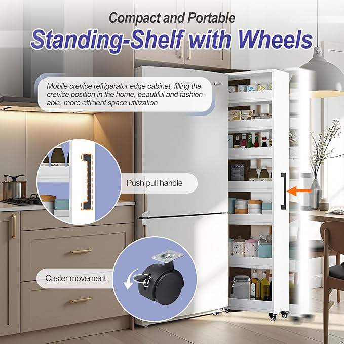 7-Tier Slim Storage Cart, Wooden Rolling Pantry Cabinet with Wheels, Narrow Shelf Organizer for Kitchen, Bakers Rack, Dining Room, Closet, Small Spaces Gray 47.2" H*7.8" W*16.9" D