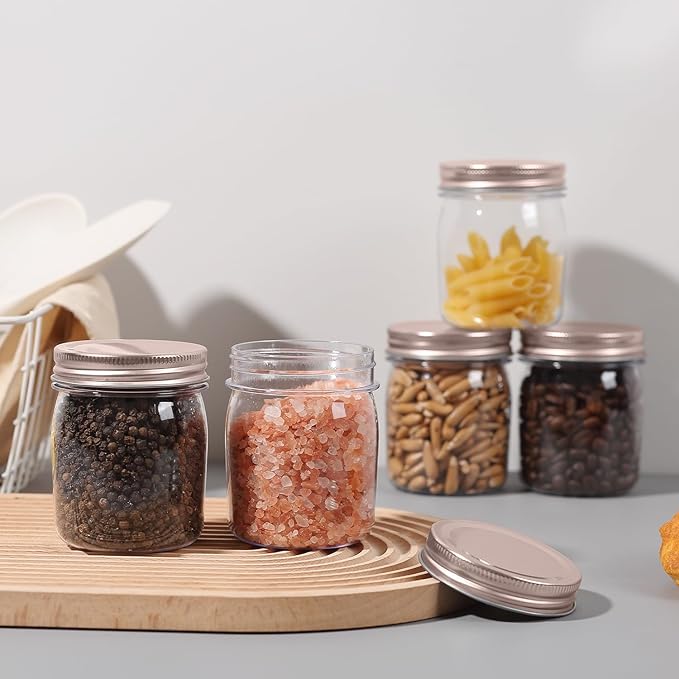 Food Storage Jars 32 Pack, 8 oz Clear Plastic with Rose Gold Lids