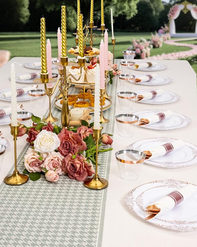 Plates Set with Rose Gold Border, Disposable Plastic, 350 Pieces