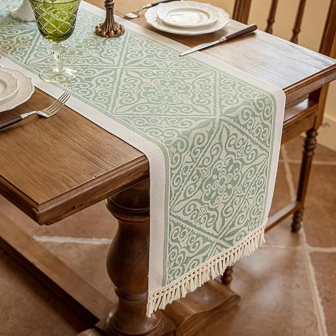 Table Runner Green Polyester Boho Style 14 x 119 Inches