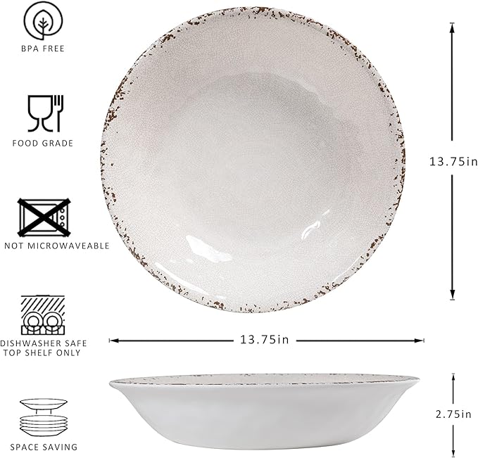 Serving Bowls 2-Pack, 13.75-Inch Ivory Melamine with Rustic Crackled Finish