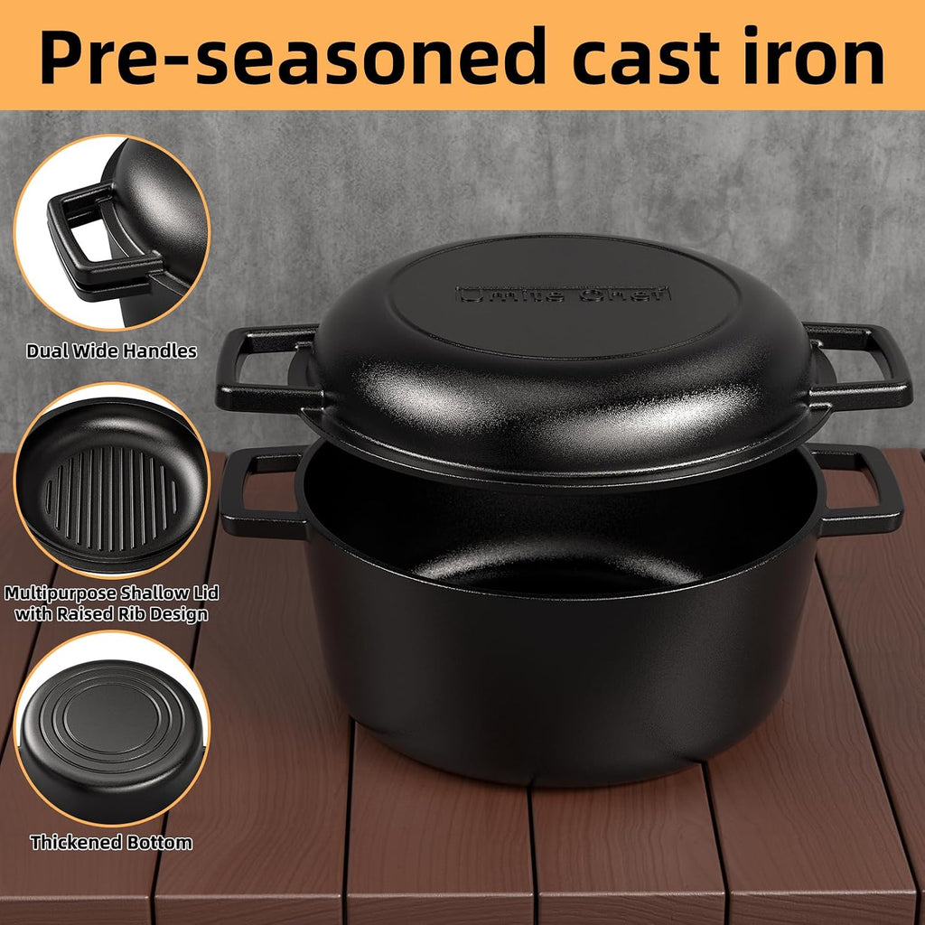 Cast Iron Dutch Oven Pot with Skillet Lid – Pre-Seasoned – Skillet Lid Cooking – set view