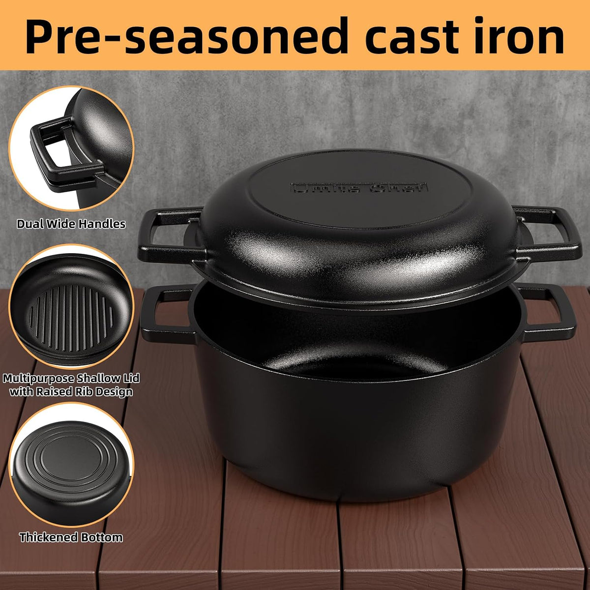 Cast Iron Dutch Oven Pot with Skillet Lid – Pre-Seasoned – Skillet Lid Cooking – set view