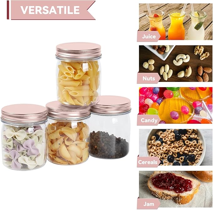 Food Storage Jars 32 Pack, 8 oz Clear Plastic with Rose Gold Lids