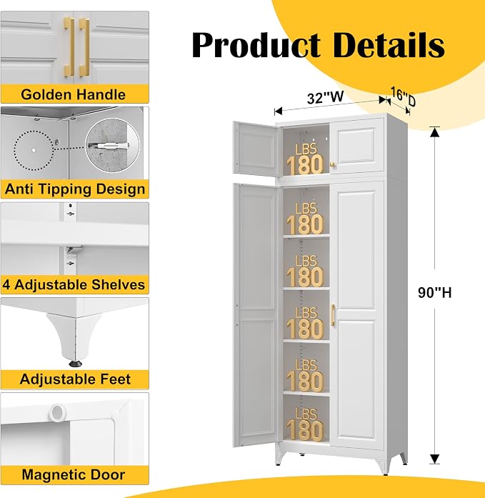 Pantry Cabinet, 90-Inch Tall White Metal Storage Cabinet with Doors