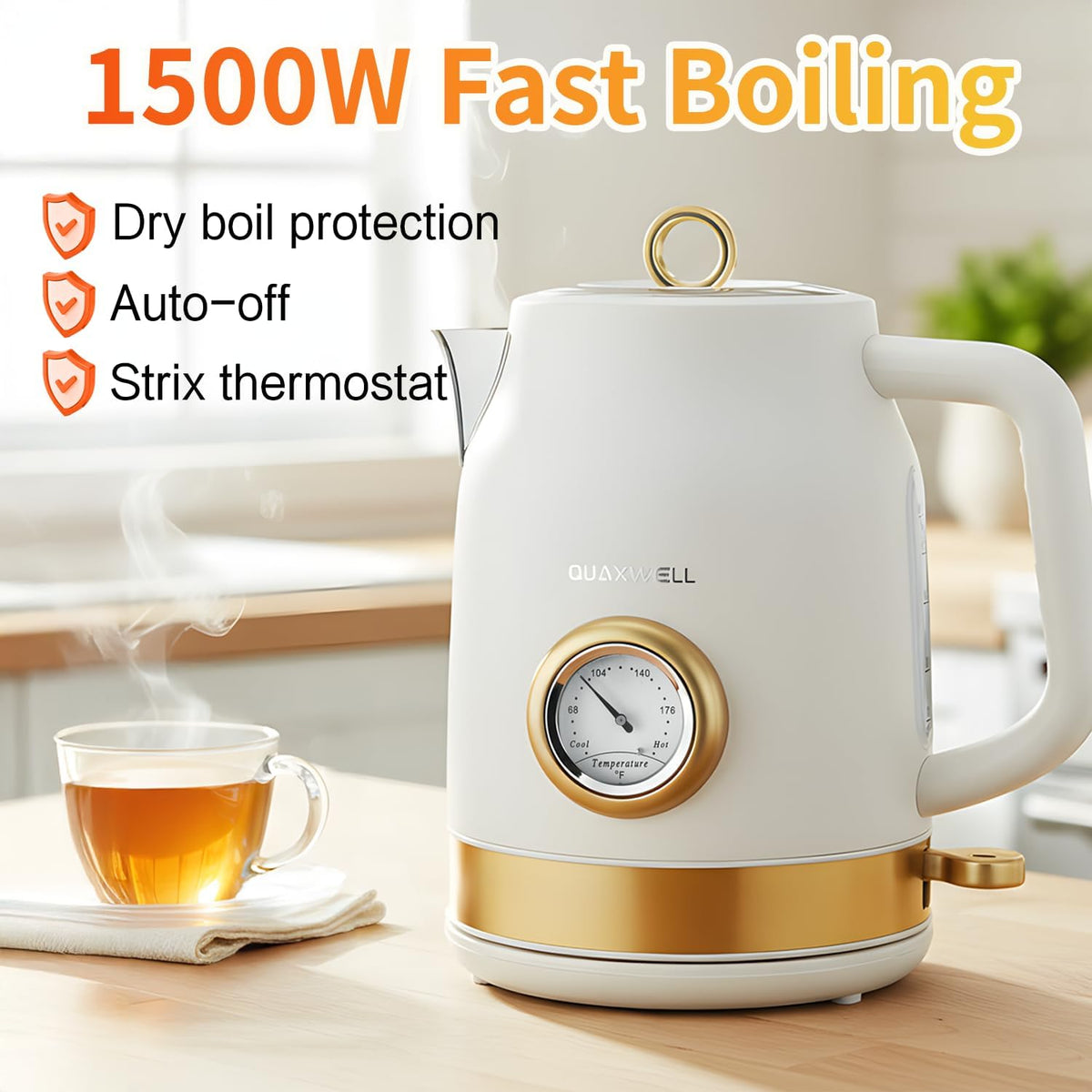 Retro Electric Tea Kettle, 1.7L, Matte White and Gold – close-up