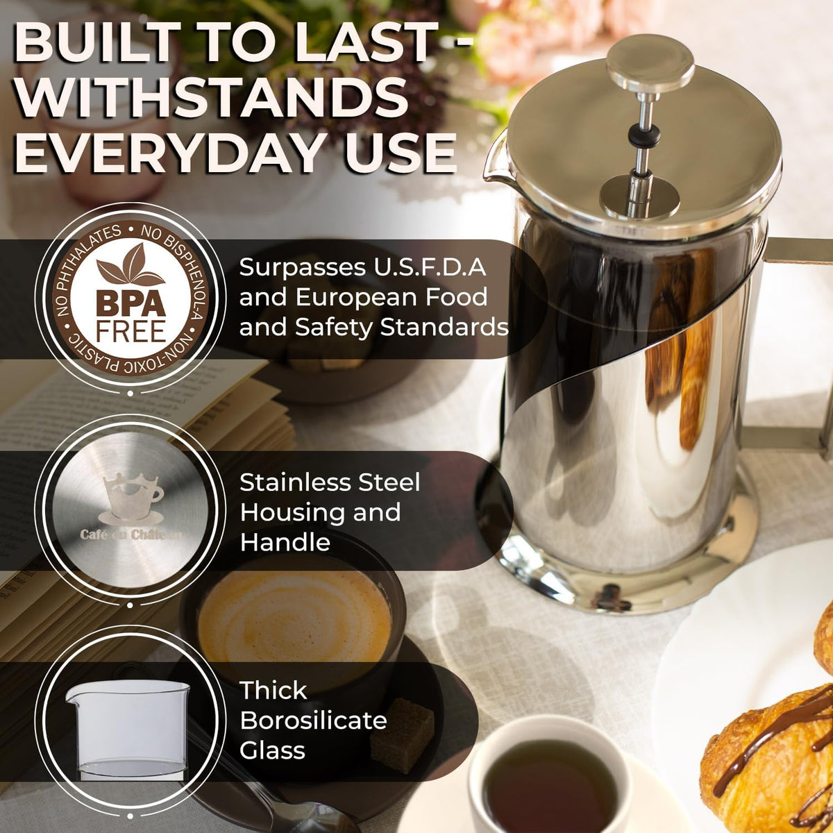 French Press Coffee Maker, 34 oz Glass, Stainless Steel – alternate view