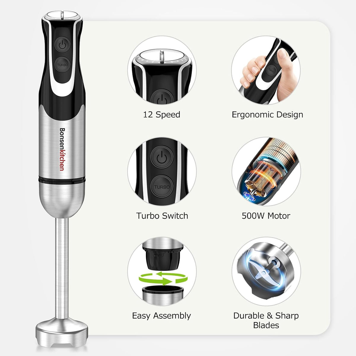 Hand Blender Kit with 17 oz Chopper and Whisk, 500W, Black