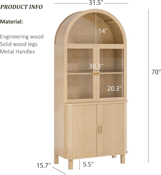 Pantry Cabinet, Oak, 70 Inch Tall, Arched Top with Adjustable Shelves