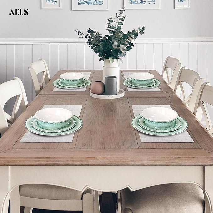Melamine Dinnerware Set for 4, 12 Pieces, Sage Green Plates and Bowls