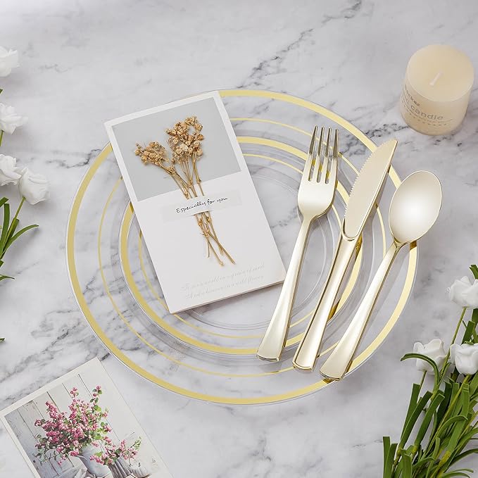 Disposable Plastic Plates Set for 50 Guests, 300 Pieces, Clear Gold Rim