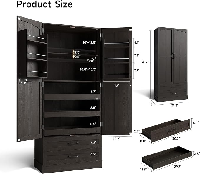 Black Pantry Cabinet, 71-Inch Freestanding with Pull-Out Shelves & Drawers