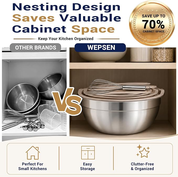 Stainless steel mixing bowls set with lids, 25 pieces, khaki