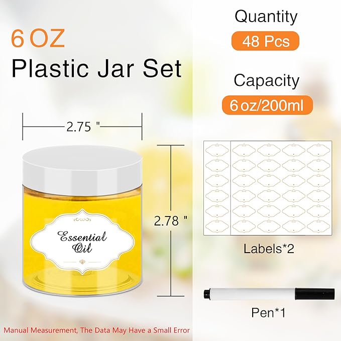 Food Jars 6 oz Clear Plastic with White Lids, 48 Pack Wide Mouth